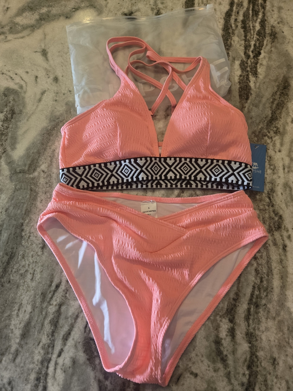 Cupshe Coral Pink Textured Bikini with Black-and-White Geo Band
